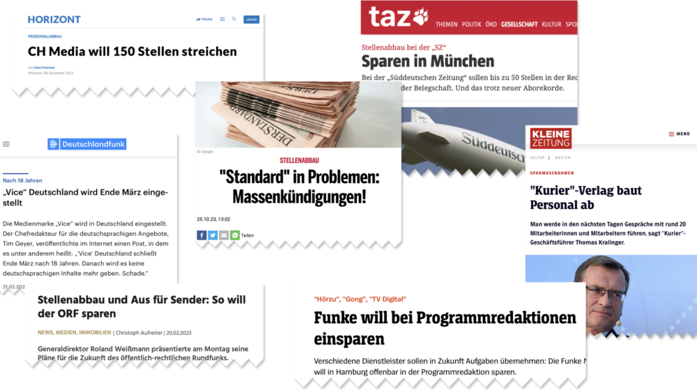 Collage mehrerer Zeitungsausschnitte über Medien in der Krise